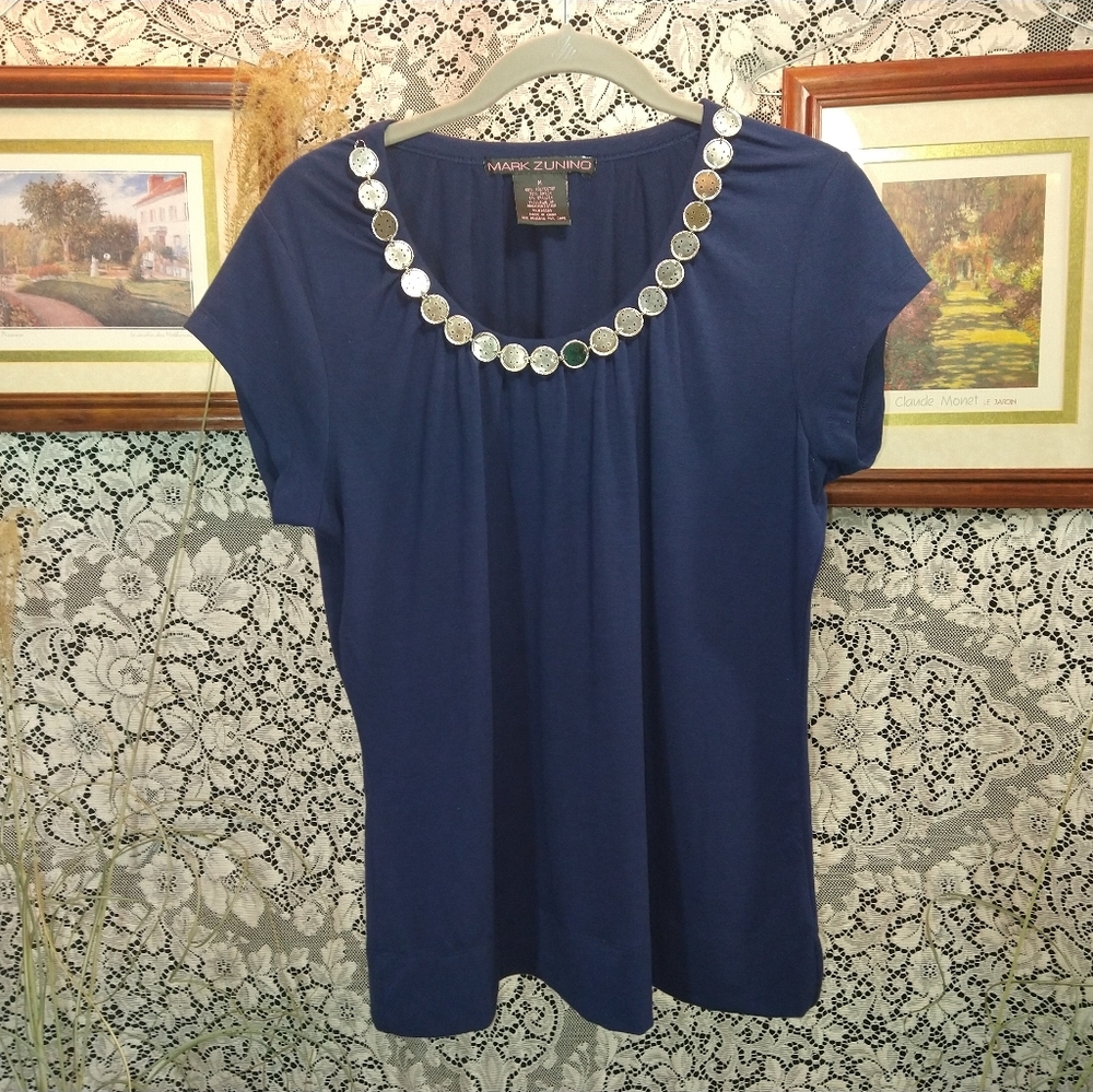 Mark Zunino navy blue tunic blouse short sleeve with silver collar embellishment